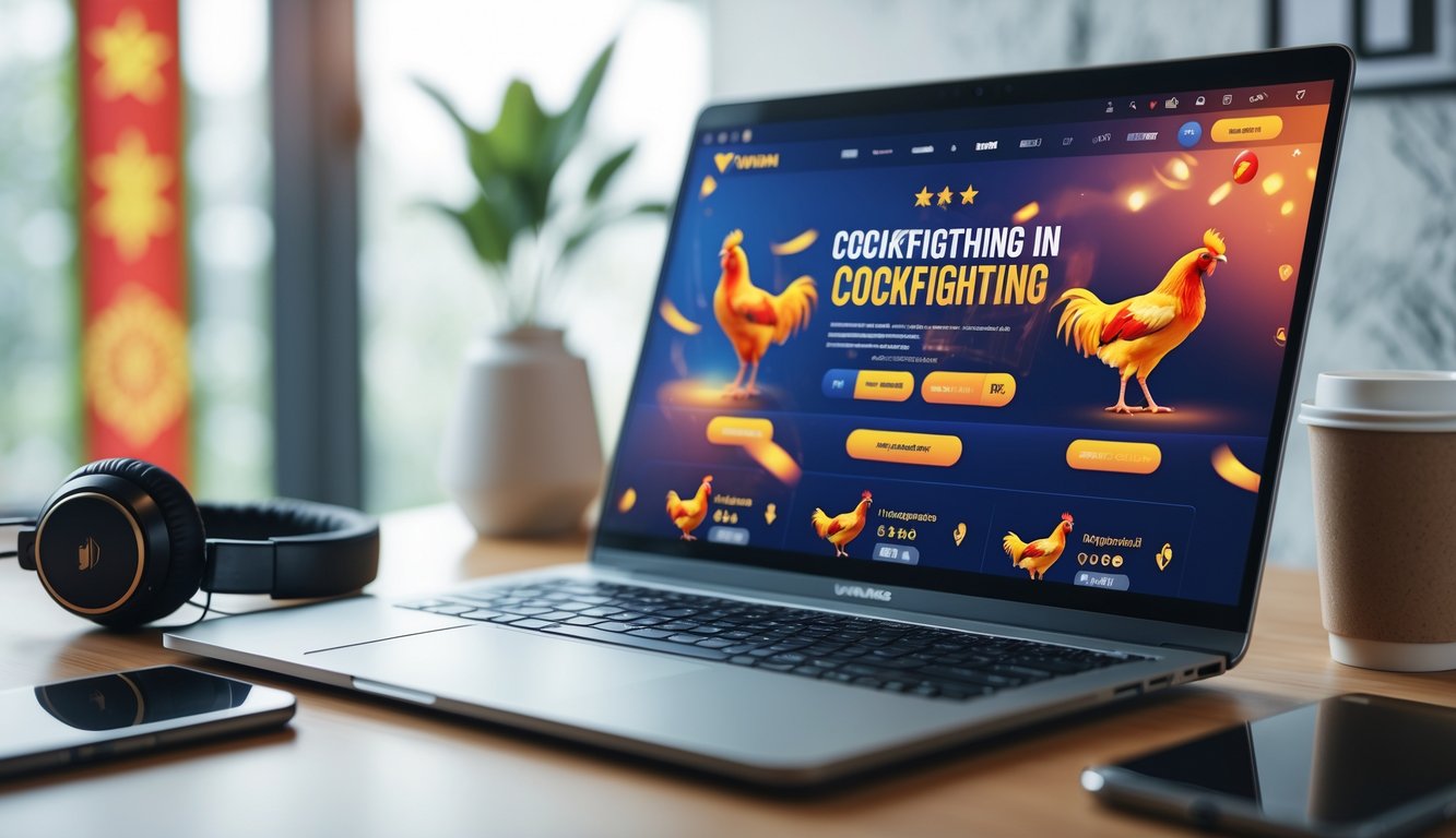 Seorang pengguna sedang melihat situs taruhan sabung ayam Vietnam di laptop di meja kerja modern.