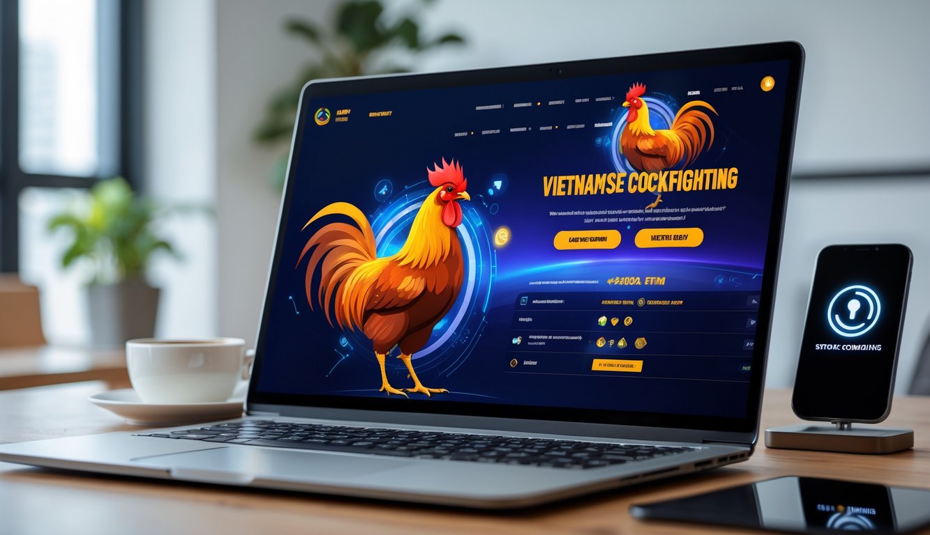 Seorang profesional menggunakan laptop di meja kerja dengan tampilan antarmuka permainan sabung ayam Vietnam online, di sekitar meja terdapat cangkir kopi dan ponsel.