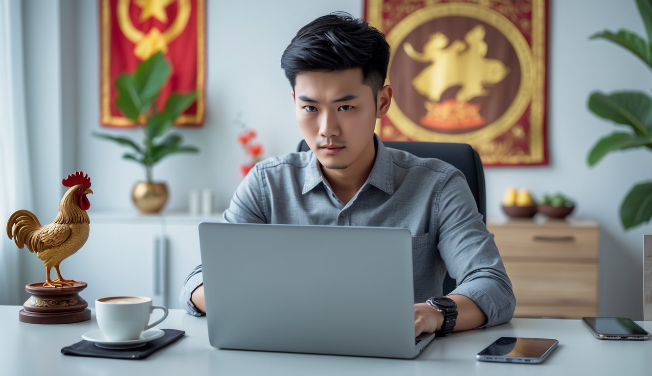 Seorang pria muda duduk di meja dengan laptop, terlihat fokus dan serius, di ruangan yang rapi dengan hiasan ayam jago kecil dan lukisan tradisional Vietnam di latar belakang.