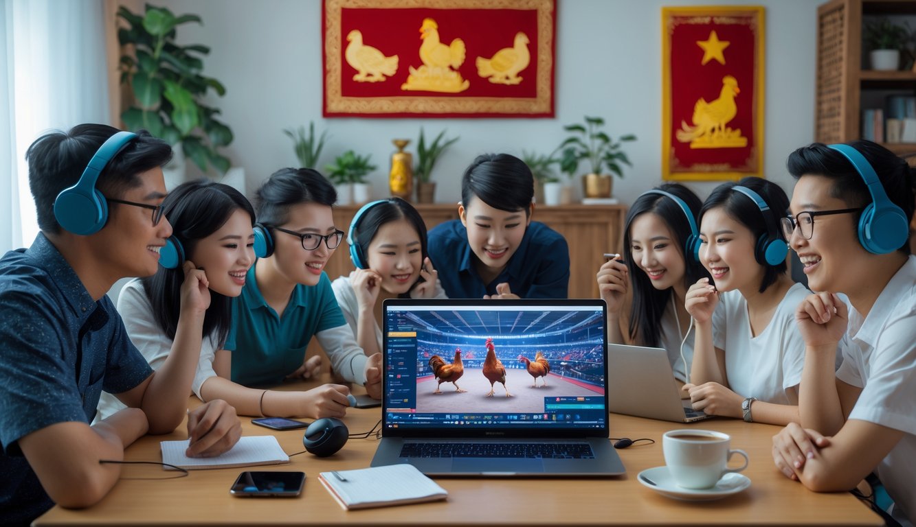 Sekelompok orang muda sedang menonton pertandingan sabung ayam Vietnam secara online di laptop dan ponsel dalam ruangan yang nyaman.