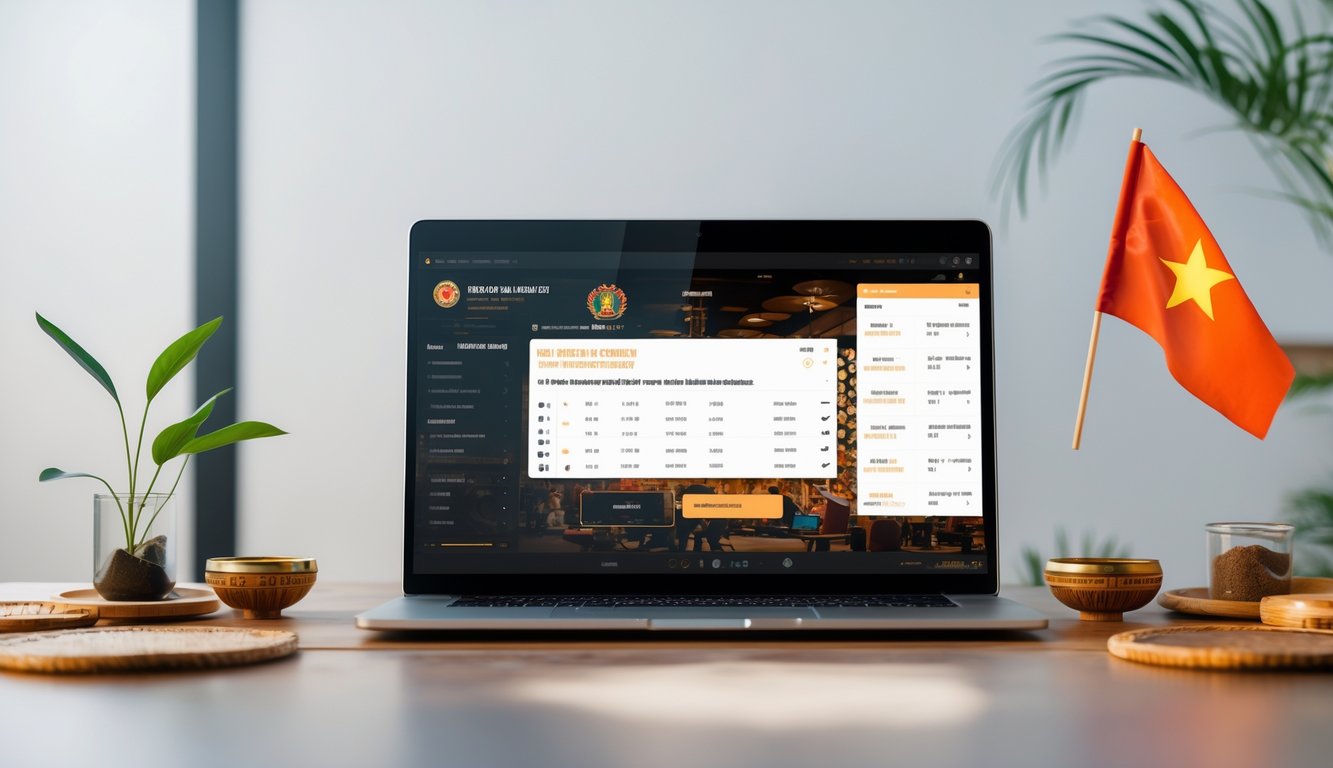 Seseorang menggunakan laptop di meja kerja dengan tampilan jadwal pertandingan sabung ayam Vietnam secara online.