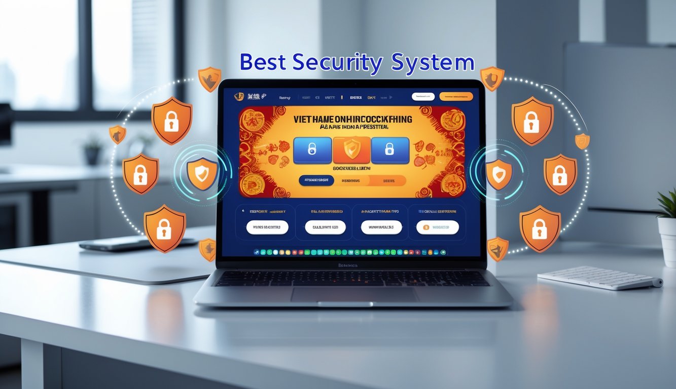Seorang pria menggunakan laptop di meja kerja dengan tampilan antarmuka taruhan online dan ikon keamanan digital di sekitar perangkat.