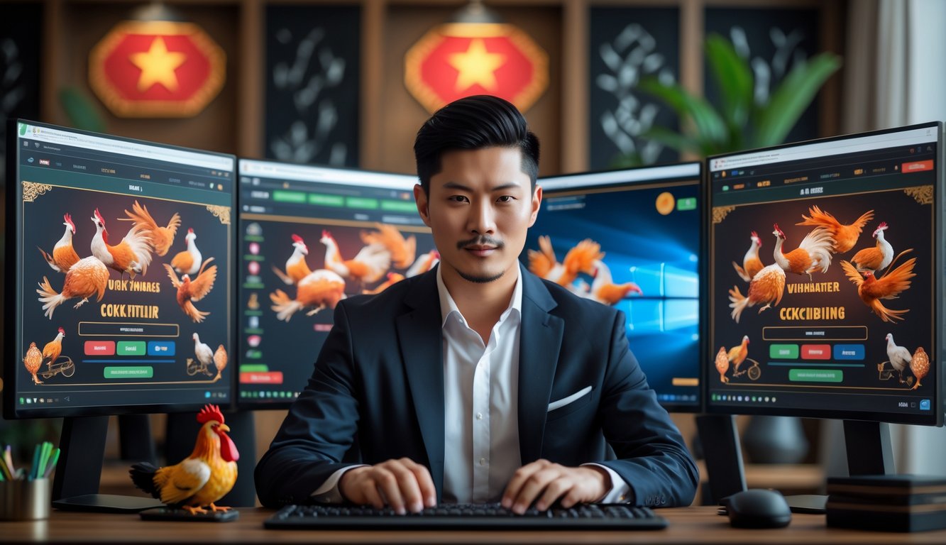 Seorang pria Asia duduk di depan komputer dengan layar yang menampilkan grafik sabung ayam dan simbol keamanan dalam ruangan kerja modern.