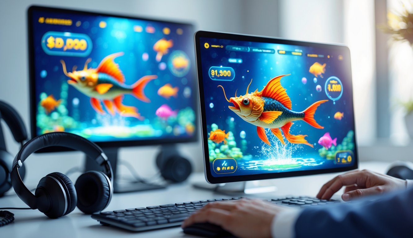 Layar perangkat menampilkan permainan tembak ikan naga dengan grafis bawah laut dan suasana ruang kerja yang rapi.