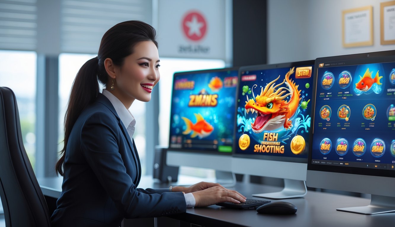 Seorang agen permainan online duduk di meja dengan beberapa layar komputer yang menampilkan permainan tembak ikan bertema naga dan ikon jackpot.