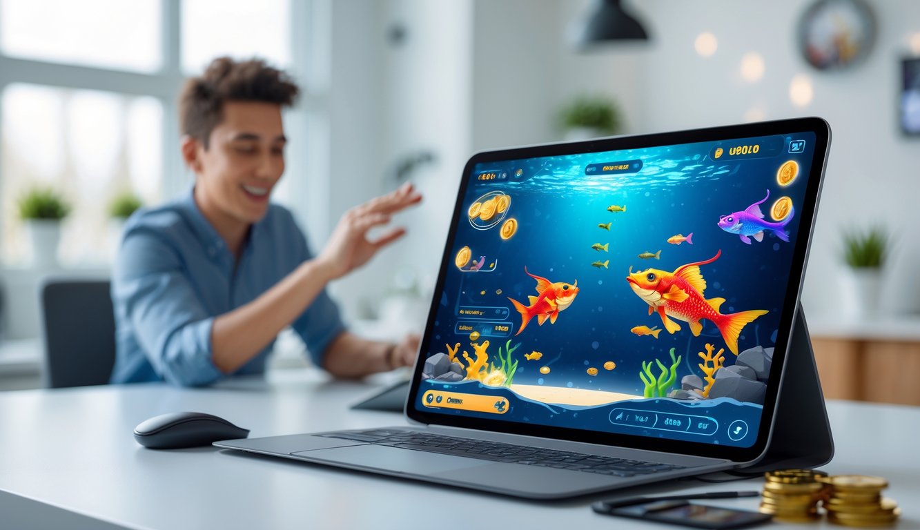 Seseorang menggunakan perangkat digital dengan tampilan permainan ikan naga berwarna-warni di layar, di ruang kerja yang rapi dan terang.