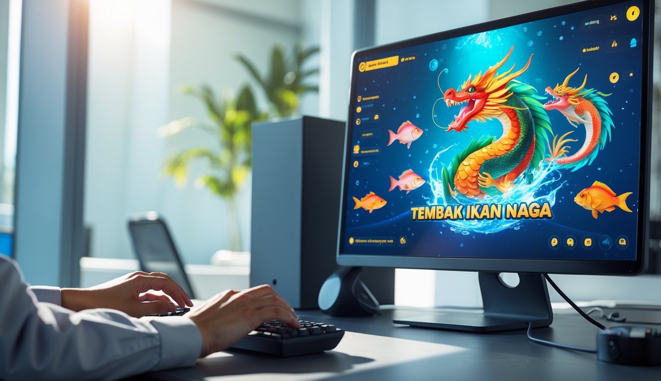 Seseorang bermain game tembak ikan naga di komputer dengan latar belakang suasana kantor modern.