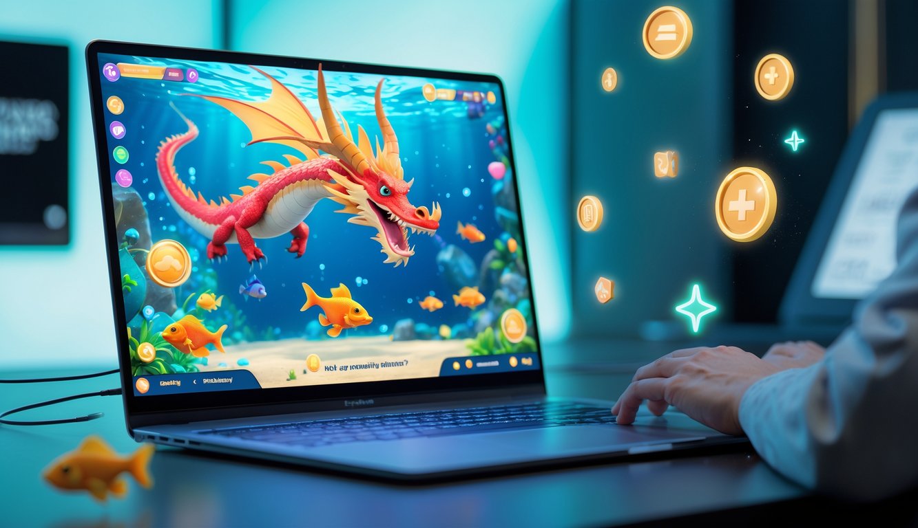 Layar komputer menampilkan permainan tembak ikan dengan tema naga di lingkungan permainan online yang menarik.