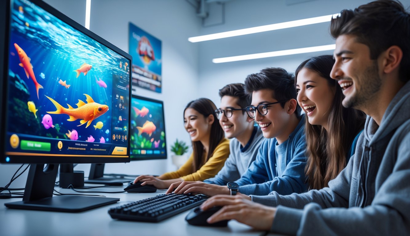 Beberapa orang muda sedang bermain game tembak ikan naga secara online di sebuah ruangan dengan komputer dan layar besar.