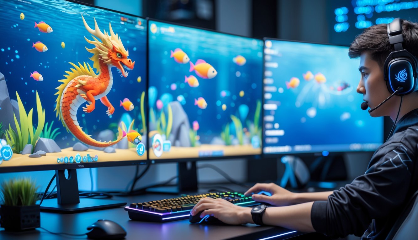 Seorang pemain game sedang bermain permainan menembak ikan bertema naga di depan komputer dengan layar menampilkan grafik bawah laut yang berwarna-warni.