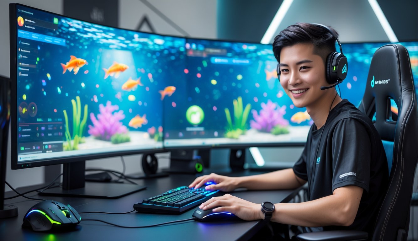 Seorang pemain muda duduk di depan komputer dengan layar menampilkan permainan ikan naga berwarna-warni di bawah laut.