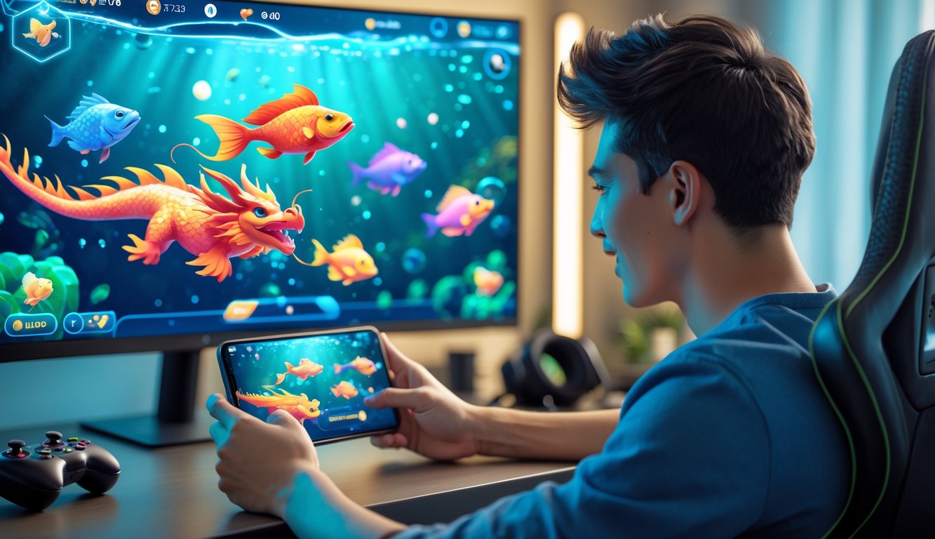 Seorang pria muda sedang bermain game tembak ikan dengan latar belakang motif naga dan ikan berwarna-warni di layar perangkat digital.