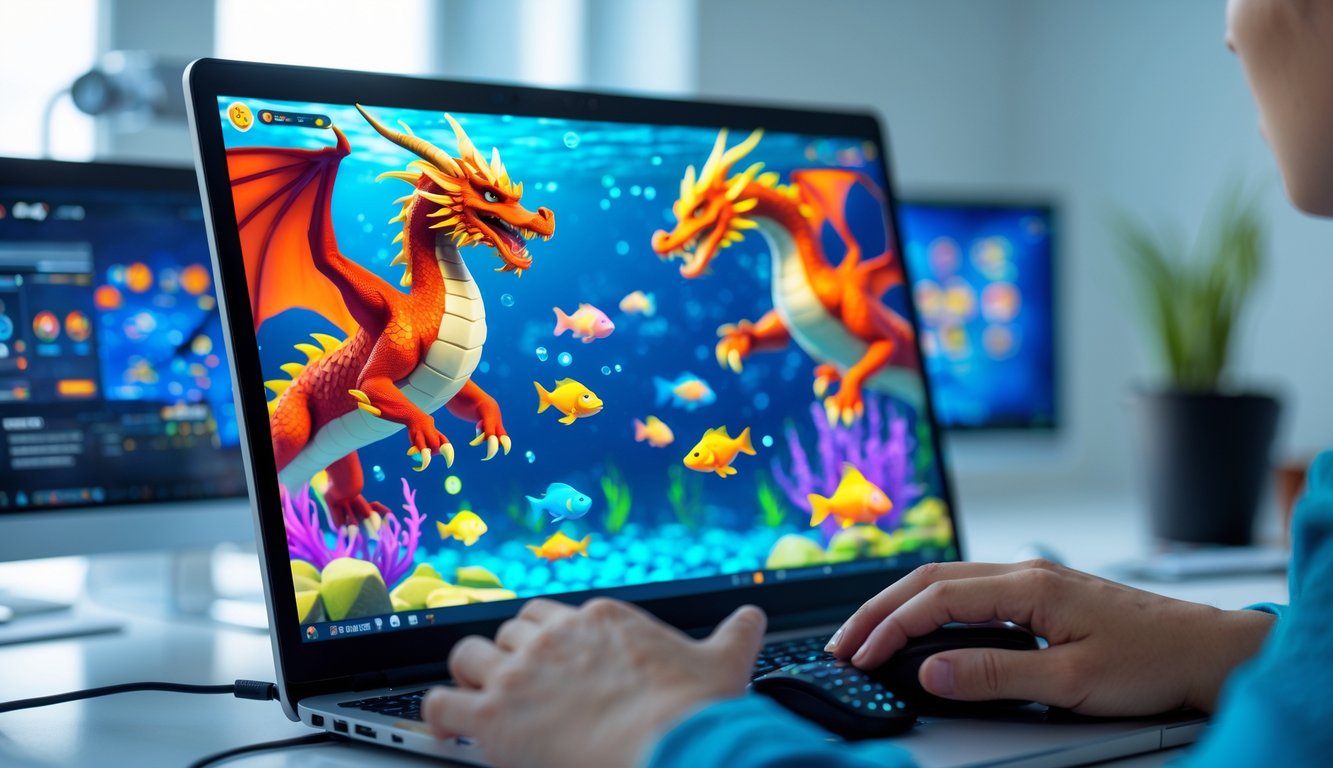Seseorang bermain game menembak ikan naga secara online di depan komputer dengan latar belakang grafis bawah laut berwarna-warni.