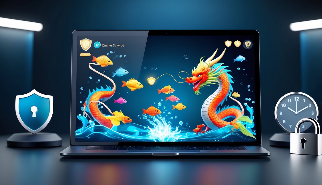 Layar perangkat menampilkan permainan tembak ikan dengan tema naga, dikelilingi ikon keamanan dan jam 24 jam.