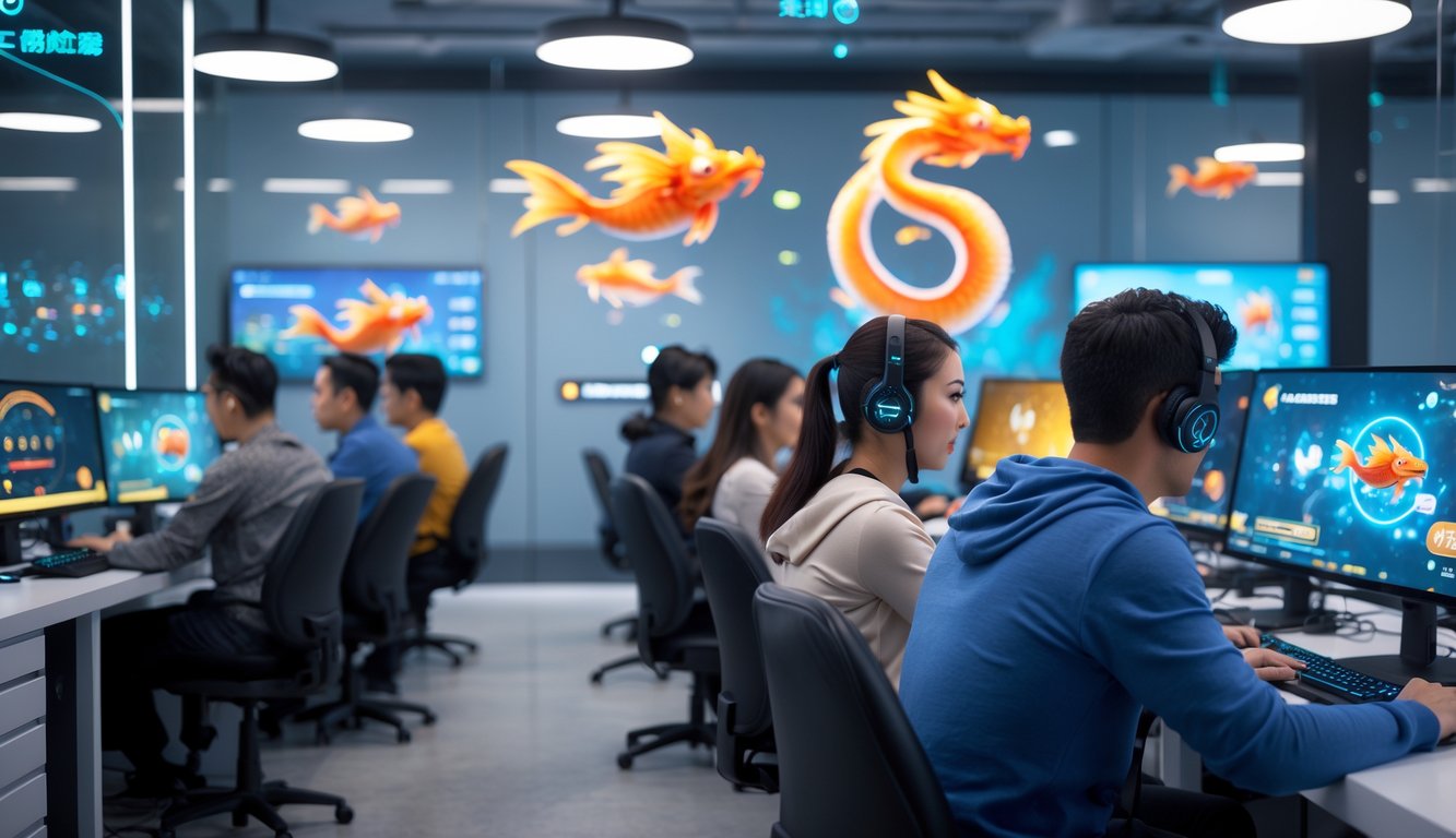 Beberapa orang dewasa sedang bermain permainan tembak ikan naga secara online di ruang yang terang dan rapi dengan perangkat komputer dan ponsel.