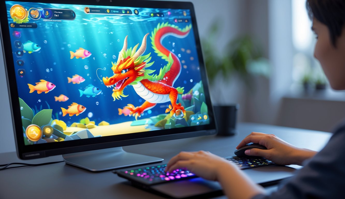 Seseorang memainkan permainan tembak ikan dengan tema naga di layar komputer dalam suasana ruangan yang modern.