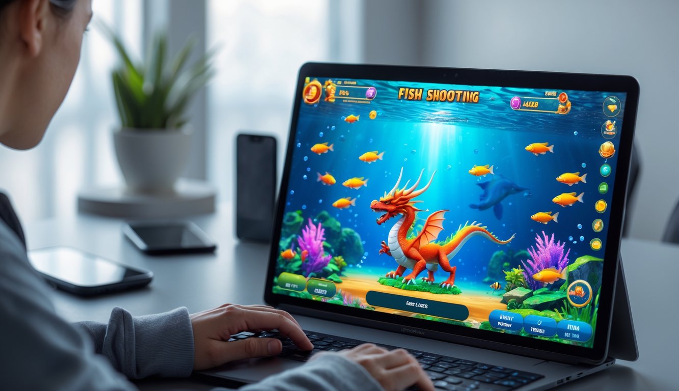 Seseorang bermain game tembak ikan dengan tema naga di layar komputer di meja kerja yang rapi.