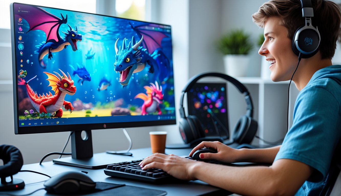 Seseorang sedang bermain game online bertema ikan dan naga di komputer di ruang kerja rumah.