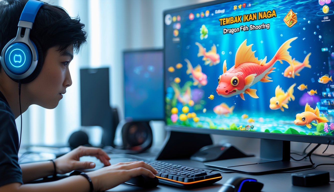 Seorang pemuda sedang bermain game tembak ikan naga online di depan komputer dengan layar menampilkan gambar ikan dan naga di bawah laut.