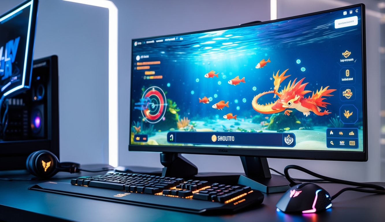 Sebuah meja dengan komputer yang menampilkan permainan menembak ikan bertema naga dengan peralatan gaming lengkap.