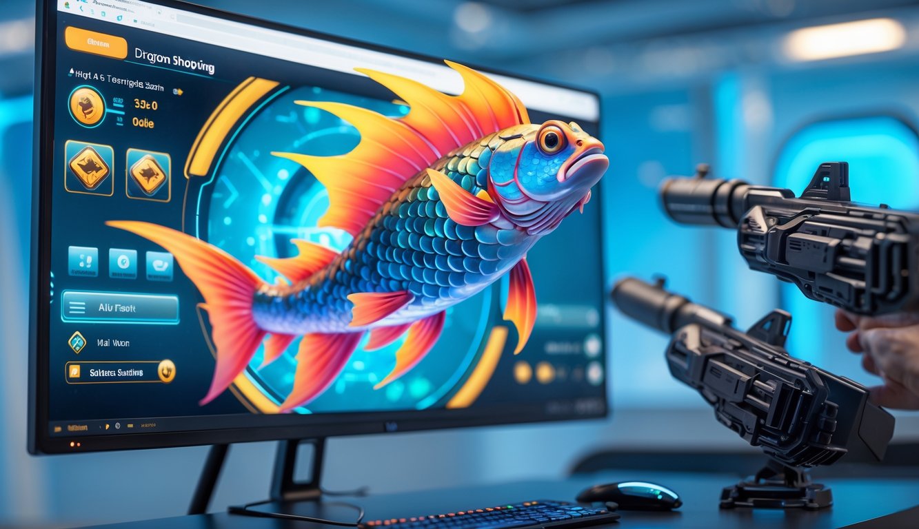 Tampilan layar permainan tembak ikan naga online dengan fitur auto lock dan berbagai senjata lengkap dalam suasana bertema bawah laut.