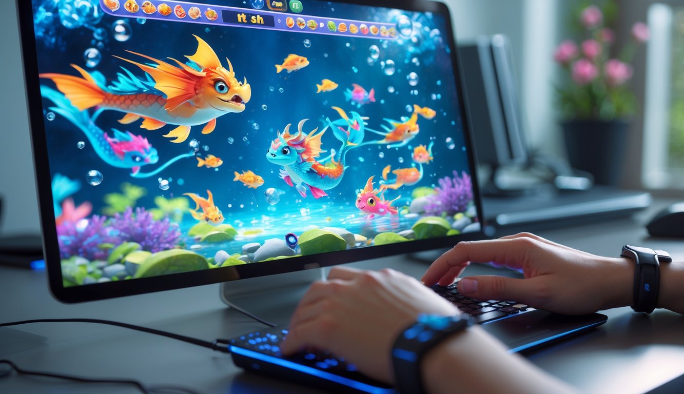 Seorang pengguna bermain game tembak ikan dengan karakter naga di layar komputer dalam suasana ruang kerja yang terang dan rapi.