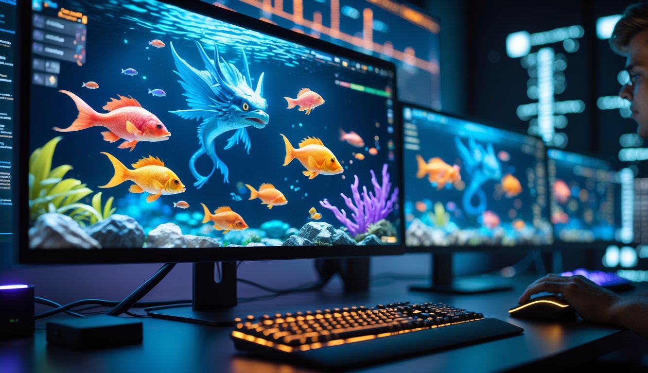 Sebuah meja kerja dengan komputer menampilkan permainan tembak ikan dengan ikan naga berwarna-warni di layar, suasana modern dan teknologi.
