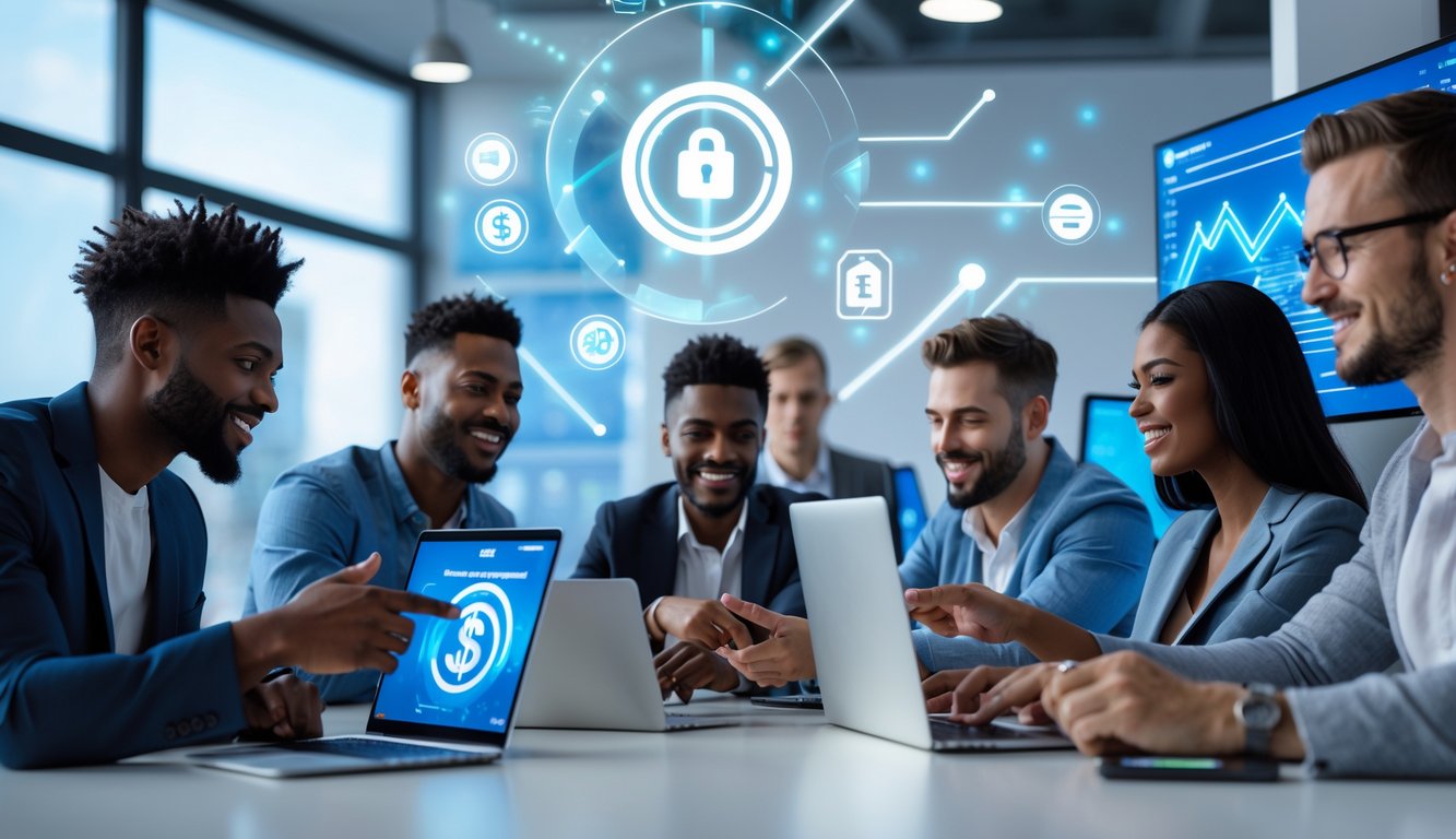 Sekelompok orang sedang menggunakan laptop dan ponsel dalam ruangan kantor yang terang, menunjukkan aktivitas permainan online dan transaksi pembayaran digital.