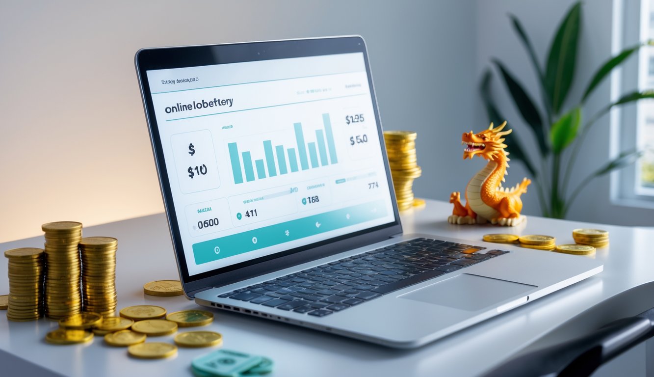 Meja kerja dengan laptop yang menampilkan antarmuka lotere online, patung naga kecil, dan koin emas di atas meja.