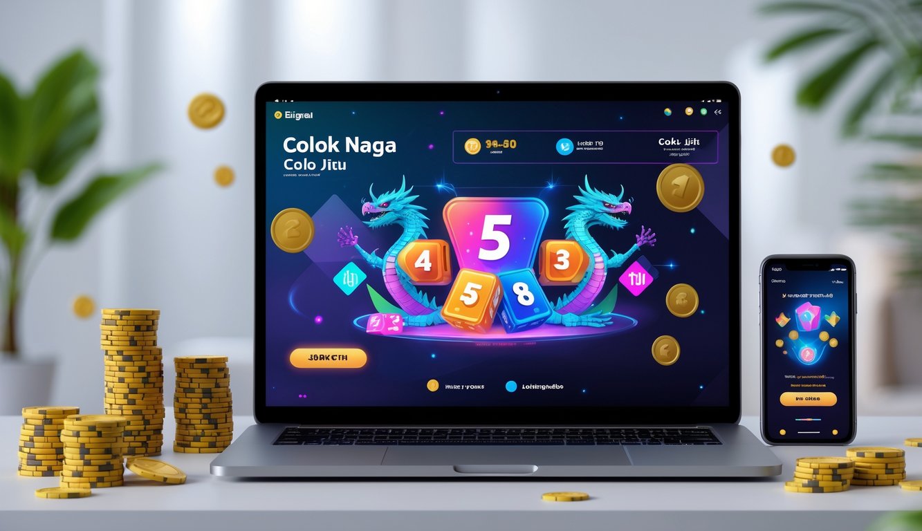 Sebuah komputer dan telepon pintar menampilkan layar dengan grafik angka dan simbol naga di lingkungan perjudian online yang modern.
