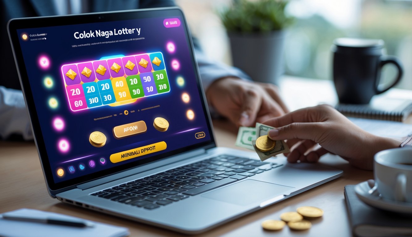 Meja kerja dengan laptop yang menampilkan permainan lotere online dan tangan seseorang yang sedang menggunakan laptop, dengan uang kecil di dekatnya.