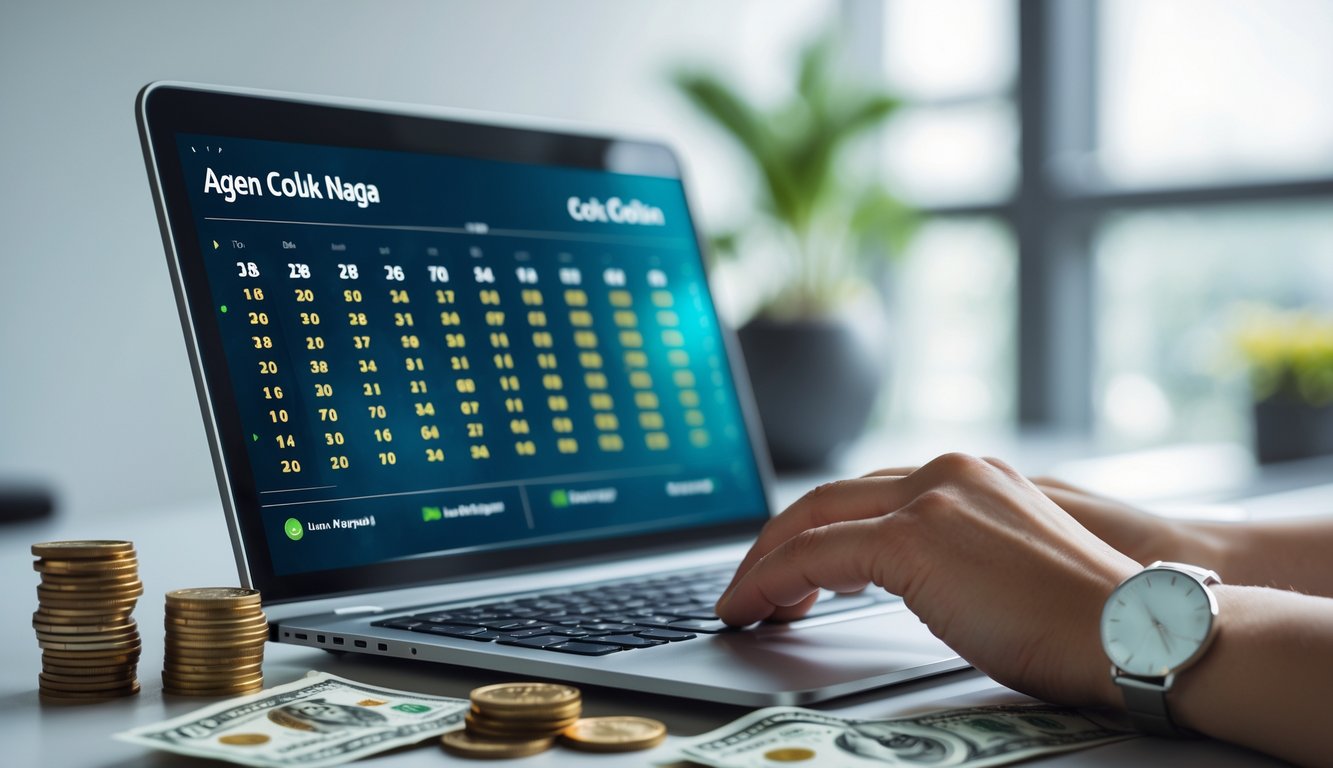 Seseorang menggunakan laptop di meja kerja dengan tampilan antarmuka permainan lotere online dan beberapa uang di sekitarnya.