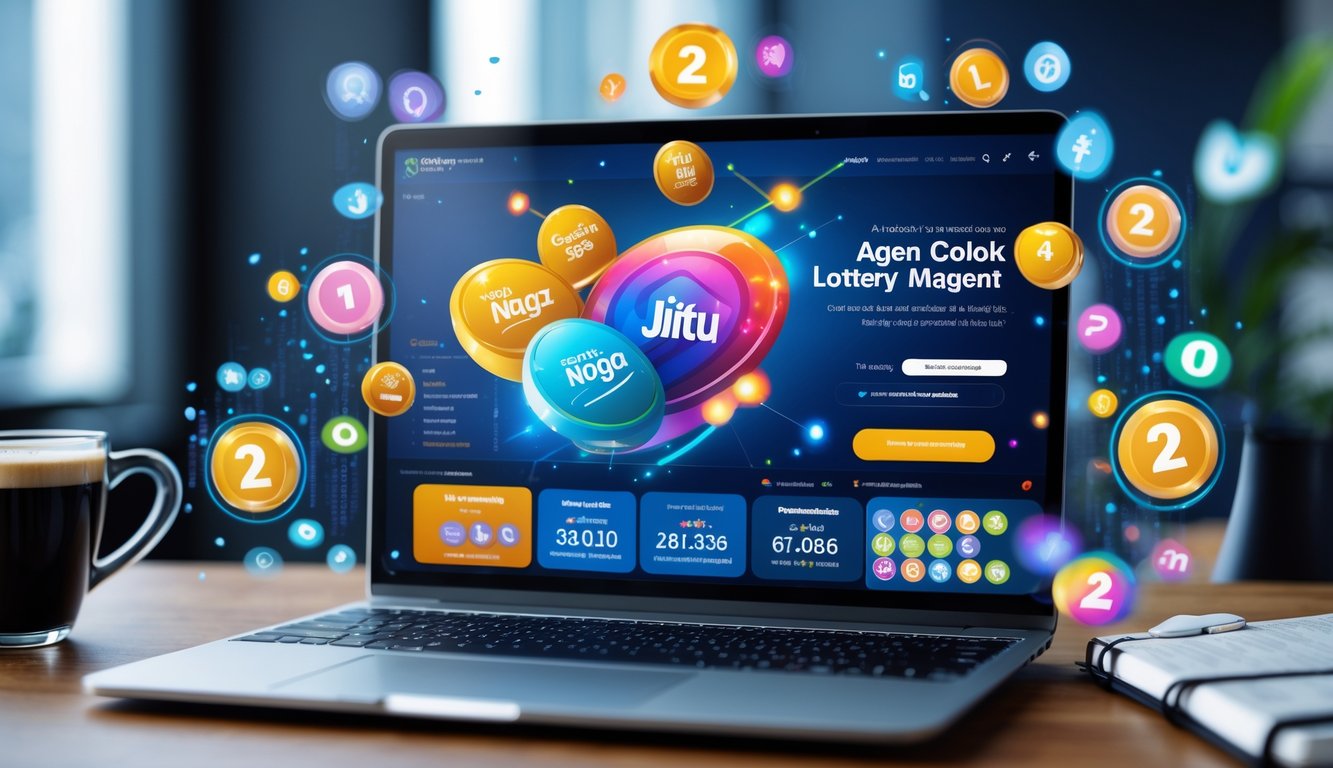 Seorang agen lotere online sedang bekerja di depan laptop dengan tampilan situs lotere yang berwarna-warni dan berbagai elemen digital yang mewakili pasar lotere lengkap.