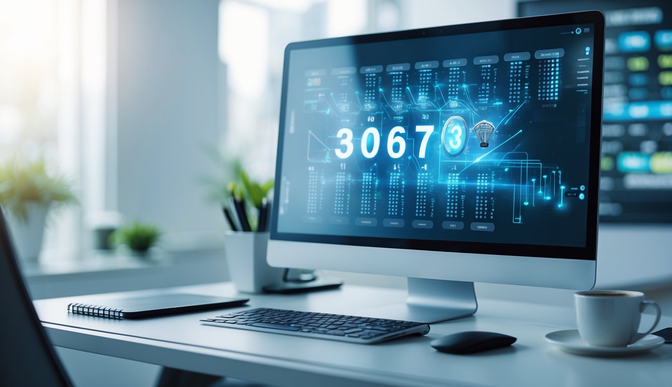 Sebuah meja kerja modern dengan komputer dan perangkat digital yang menampilkan grafik angka, menggambarkan aktivitas permainan atau lotere online.