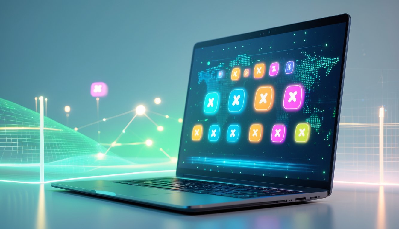 Sebuah komputer modern dengan layar menampilkan ikon tautan berwarna dan simbol koneksi jaringan yang melambangkan akses online yang aman dan tidak diblokir.