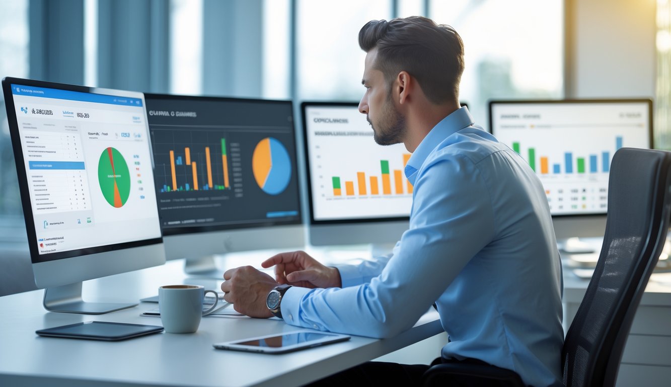 Seorang profesional duduk di meja kantor modern, menganalisis data pada beberapa layar komputer dengan grafik terkait permainan online, di ruang dengan jendela besar dan pencahayaan alami.