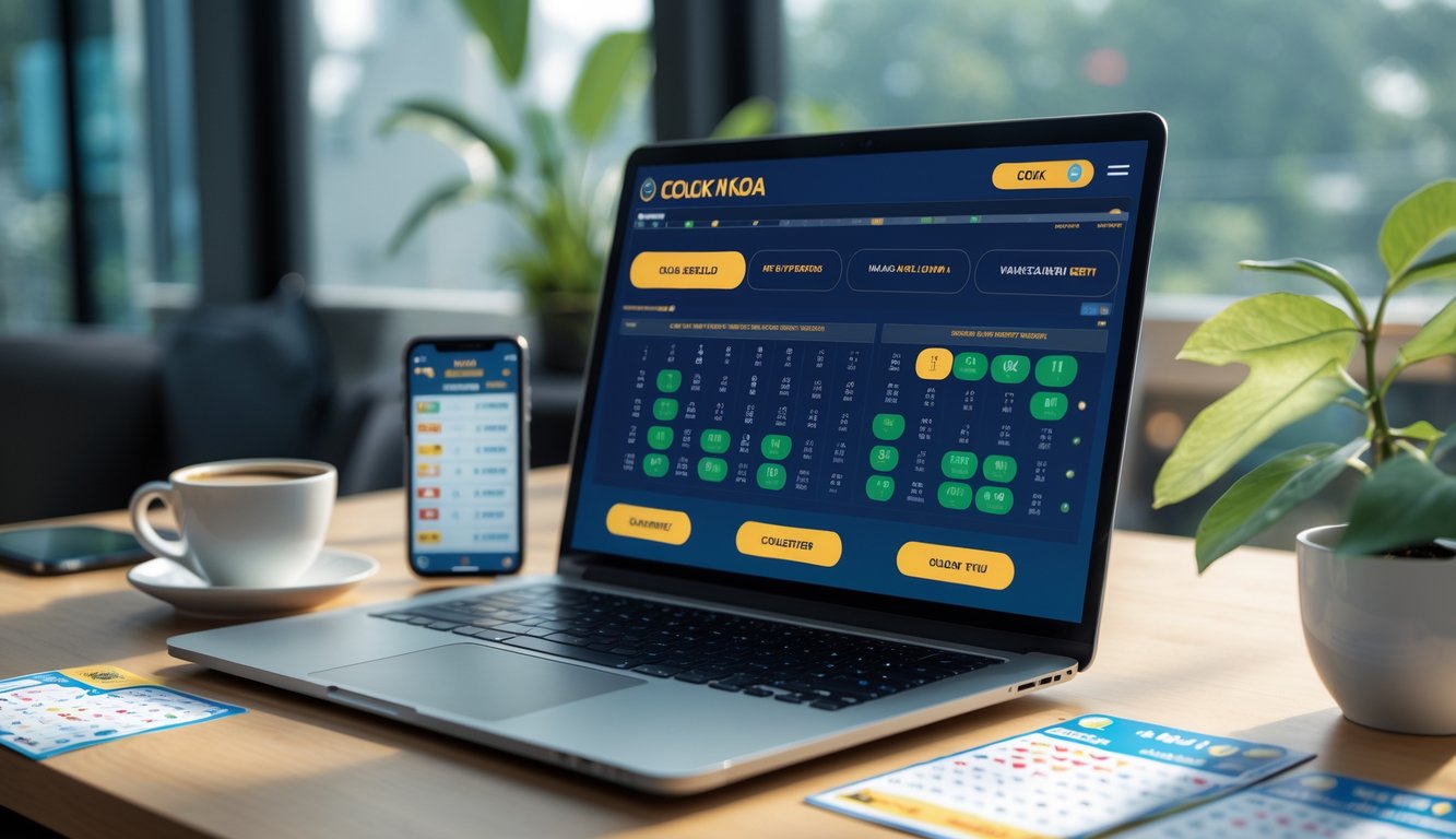 Meja kerja dengan laptop menampilkan antarmuka lotre digital, tiket lotre, dan ponsel dengan odds taruhan, diterangi cahaya alami.