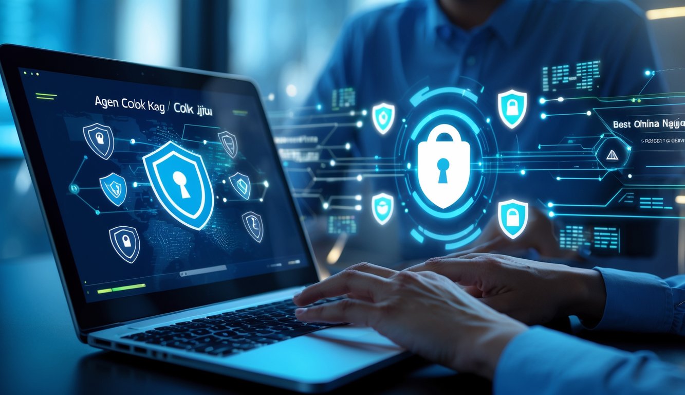 Seseorang menggunakan laptop dengan latar belakang grafik keamanan digital yang menunjukkan sistem keamanan terbaik untuk layanan taruhan online.
