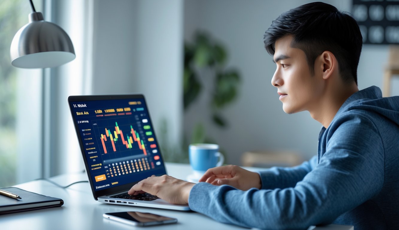 Seorang pria muda duduk di meja dengan laptop, fokus belajar bermain permainan online di ruang kerja yang terang dan rapi.