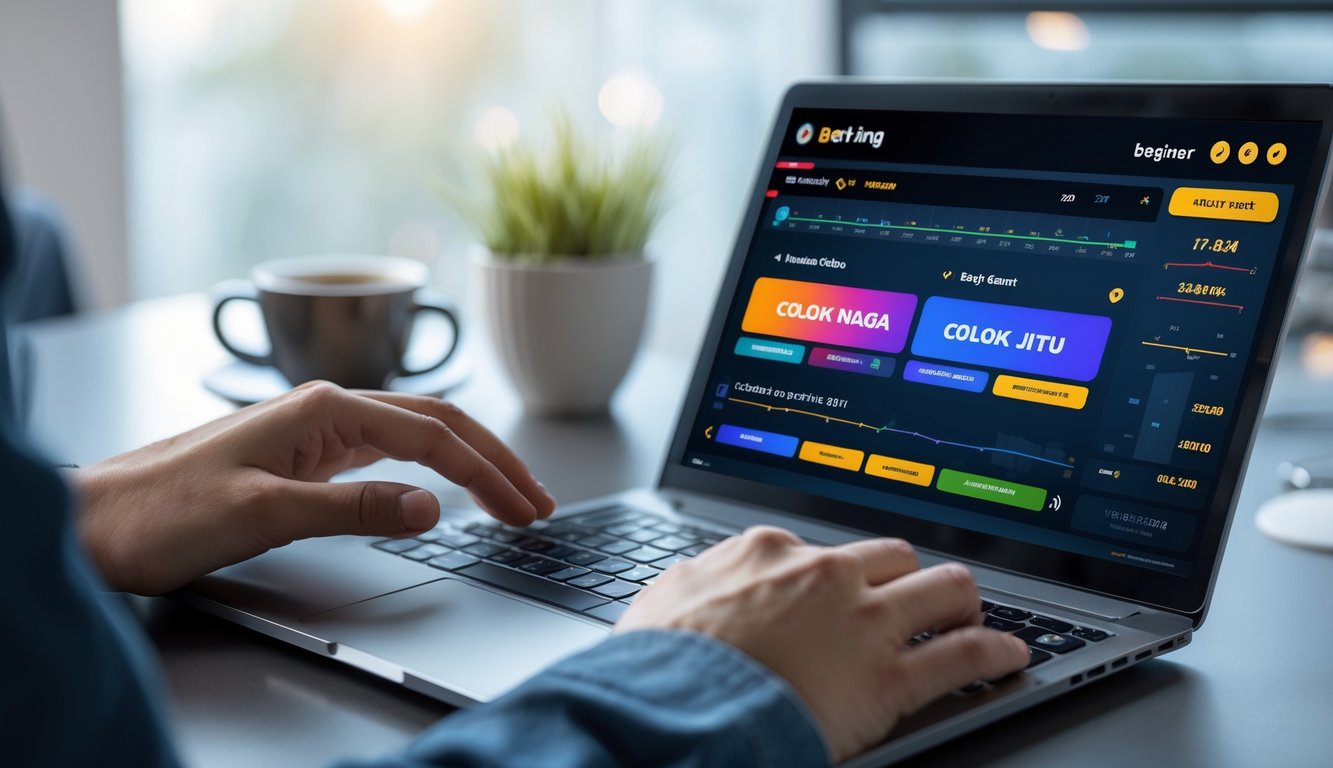 Meja kerja dengan laptop yang menampilkan antarmuka permainan taruhan online, tangan seseorang sedang menggunakan laptop, dengan latar belakang cahaya alami dan suasana tenang.