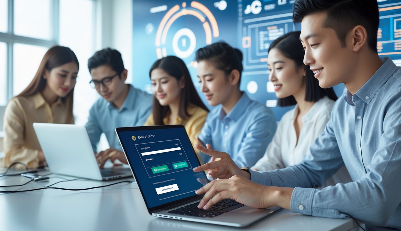 Sekelompok orang muda menggunakan laptop dan ponsel di kantor modern sedang melakukan transaksi keuangan online dengan suasana yang cerah dan profesional.