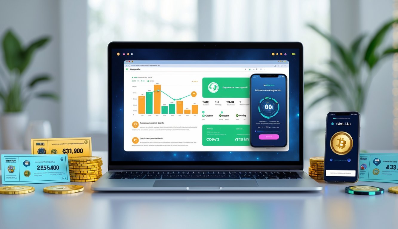 Seorang profesional sedang menggunakan laptop di meja kerja dengan layar menampilkan grafik dan komentar, dikelilingi oleh tiket lotere dan ponsel dengan aplikasi taruhan.