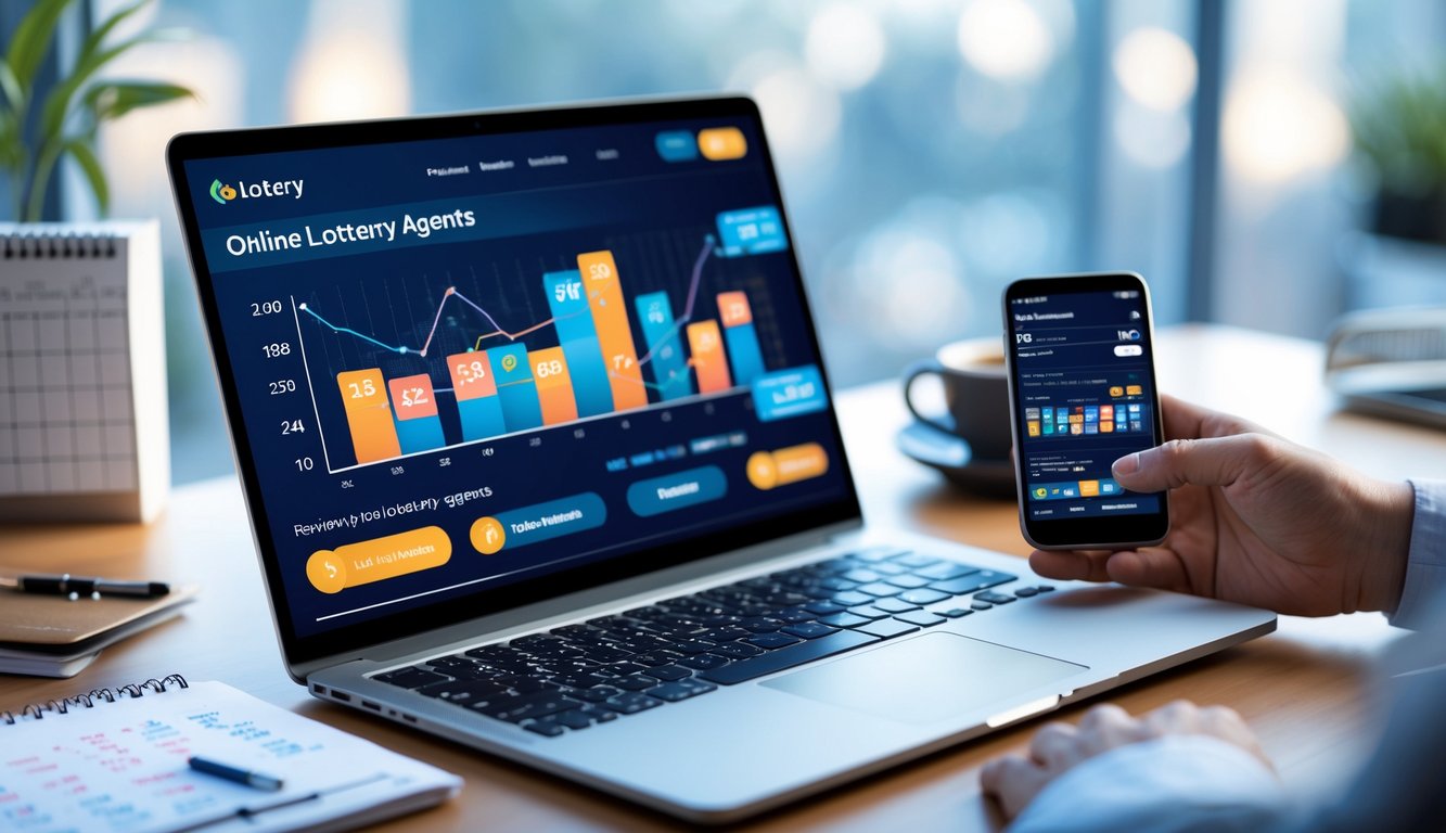 Meja kerja modern dengan laptop dan ponsel yang menampilkan grafik dan angka terkait aktivitas lotere online, dikelilingi oleh alat tulis dan secangkir kopi.