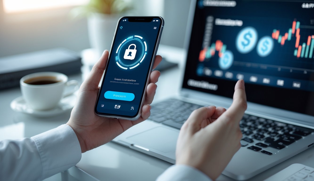 Tangan seseorang memegang ponsel dengan aplikasi dompet digital terbuka di meja kerja modern.