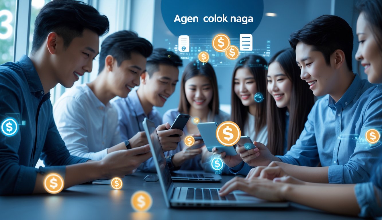 Sekelompok orang muda menggunakan perangkat elektronik untuk bermain lotere online dengan latar ruangan modern dan elemen digital yang menunjukkan transaksi e-wallet.