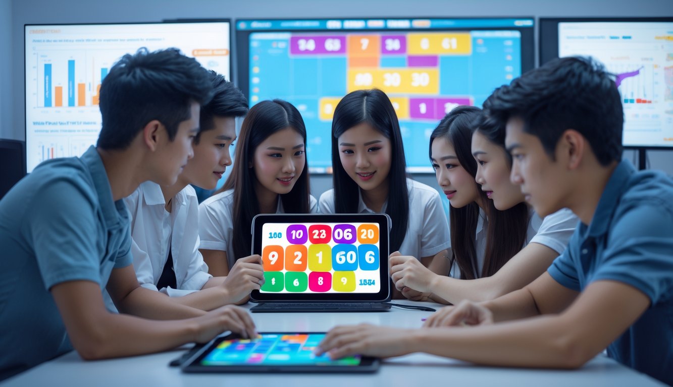 Sekelompok orang muda sedang berkumpul dan fokus pada perangkat digital yang menampilkan permainan angka dan strategi di ruangan terang.