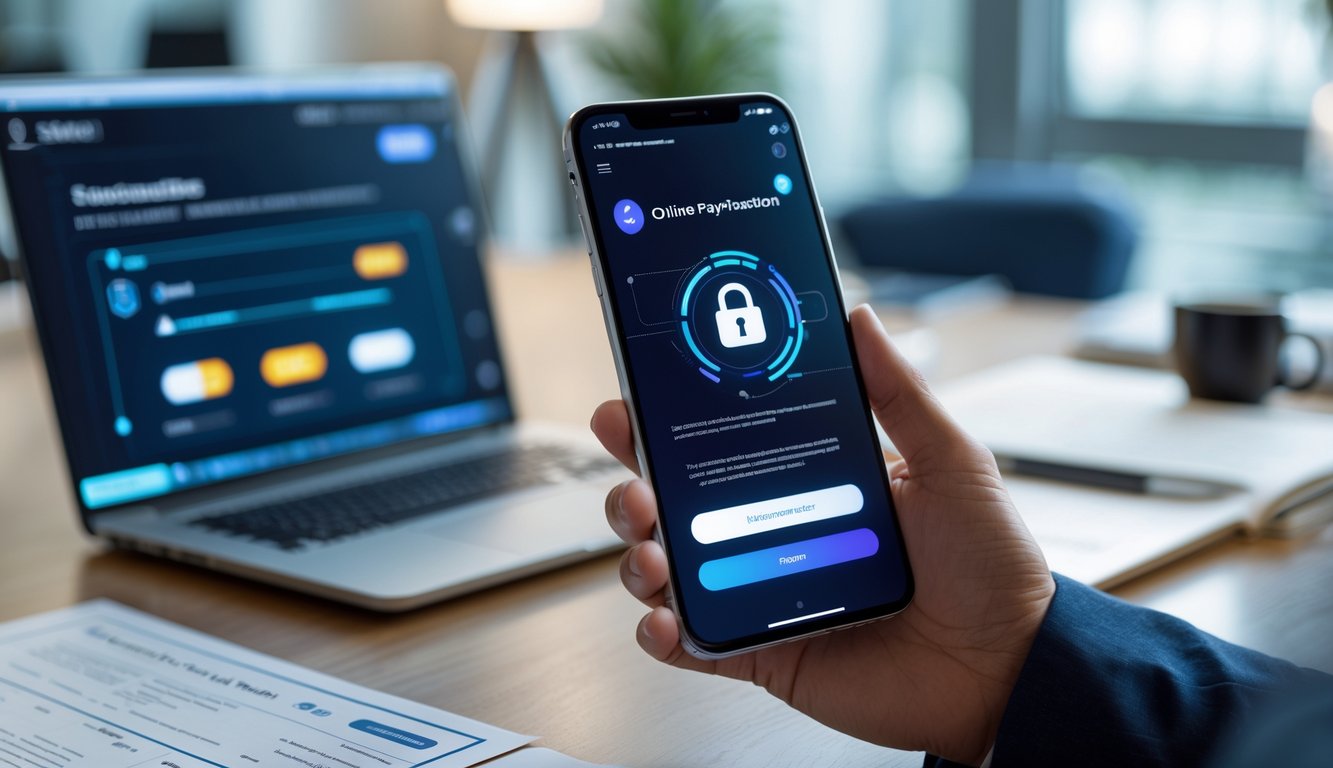 Seseorang memegang ponsel dengan tampilan sistem pembayaran otomatis di kantor modern.