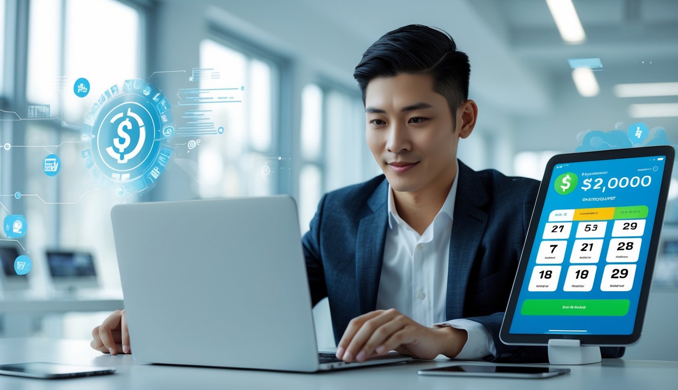 Seorang pria muda menggunakan laptop dan smartphone di kantor modern dengan perangkat digital yang menunjukkan transaksi pembayaran otomatis.