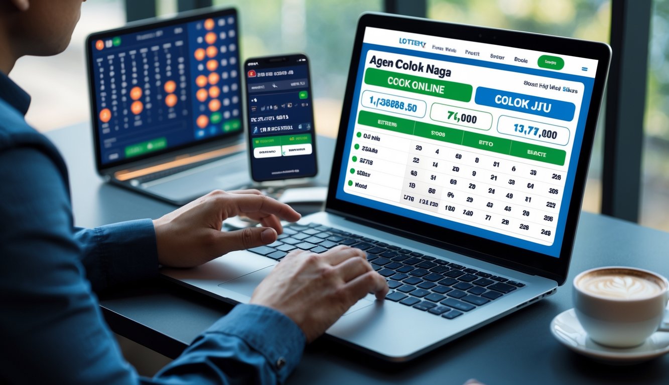 Seseorang menggunakan laptop di meja kerja dengan tampilan hasil lotere digital dan grafik, menunjukkan aktivitas taruhan online.