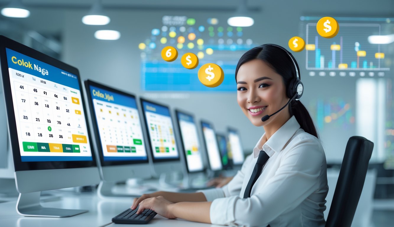 Seorang agen layanan pelanggan sedang bekerja dengan komputer di kantor modern yang terang, menampilkan layar dengan angka lotre dan grafik.